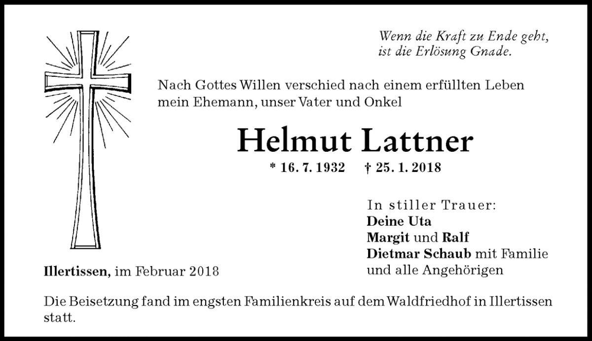 Todesanzeige Helmut Lattner