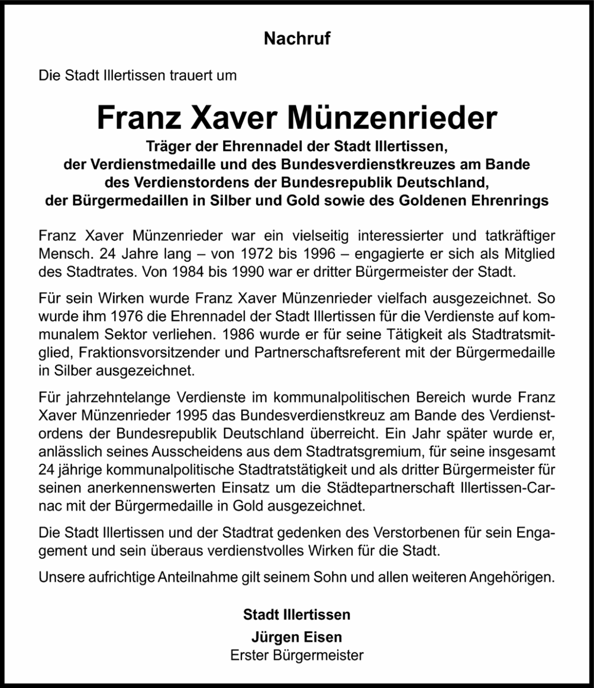 Münzenrieder Franz Xaver Nachruf Stadt Illertissen