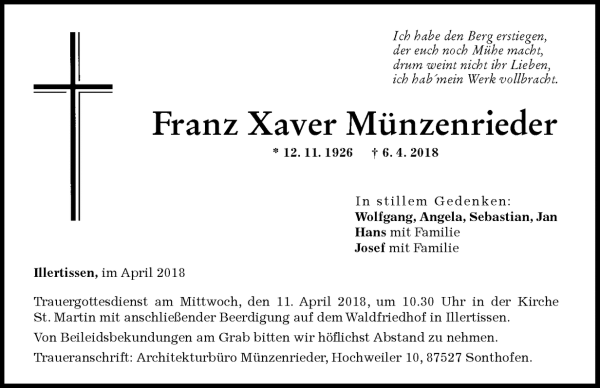 Münzenrieder Franz Xaver - Todesanzeige