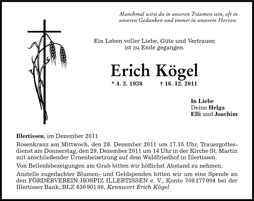 Kögel Erich Todesanzeige