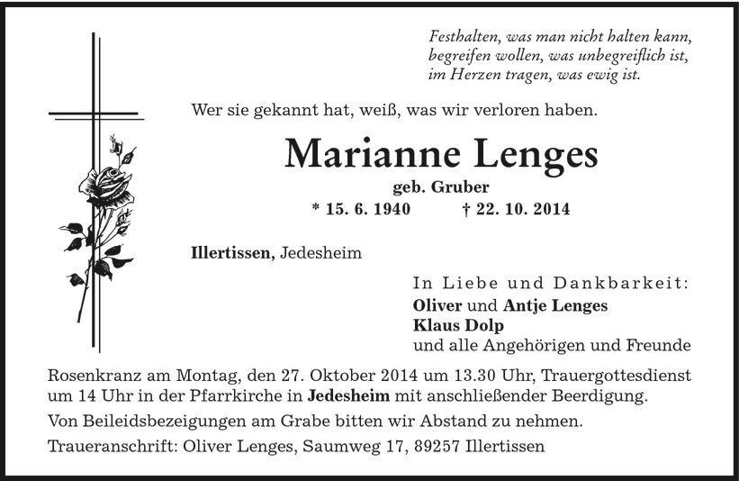 Todesanzeige von Marianne Lenges