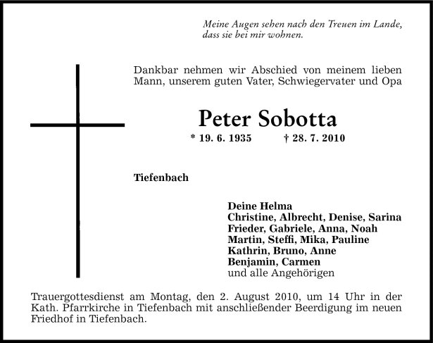 Todesanzeige Sobotta Peter