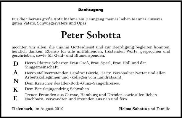 Danksagung Sobotta Peter