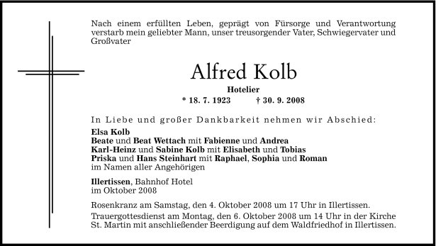 Todesanzeige Alfred Kolb