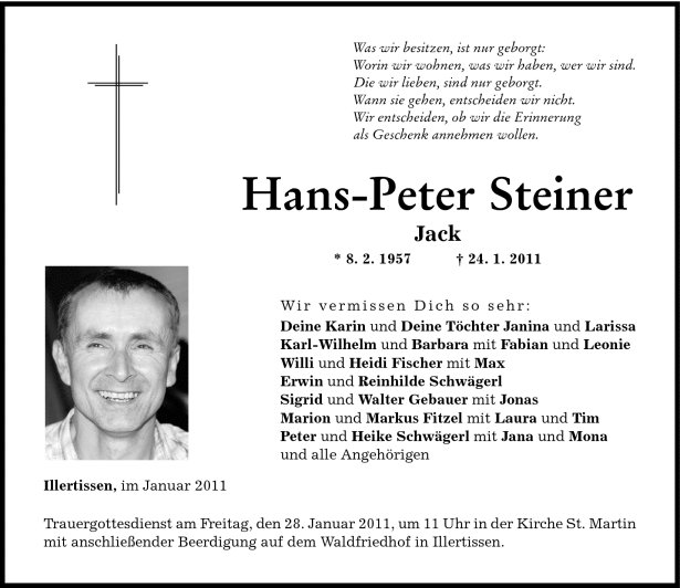 Todesanzeige Steiner Hans-Peter
