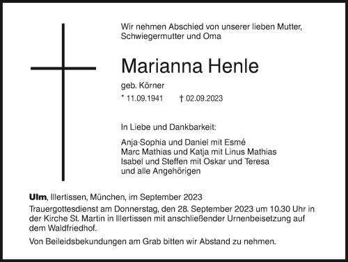 Todesanzeige Marianna Henle