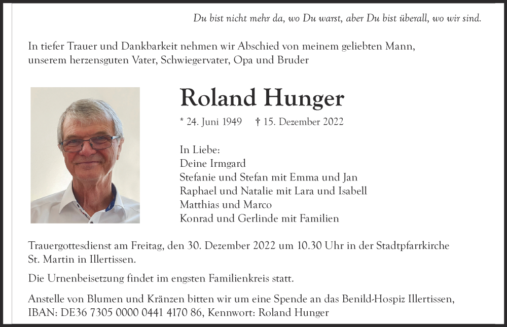 Todesanzeige Roland Hunger